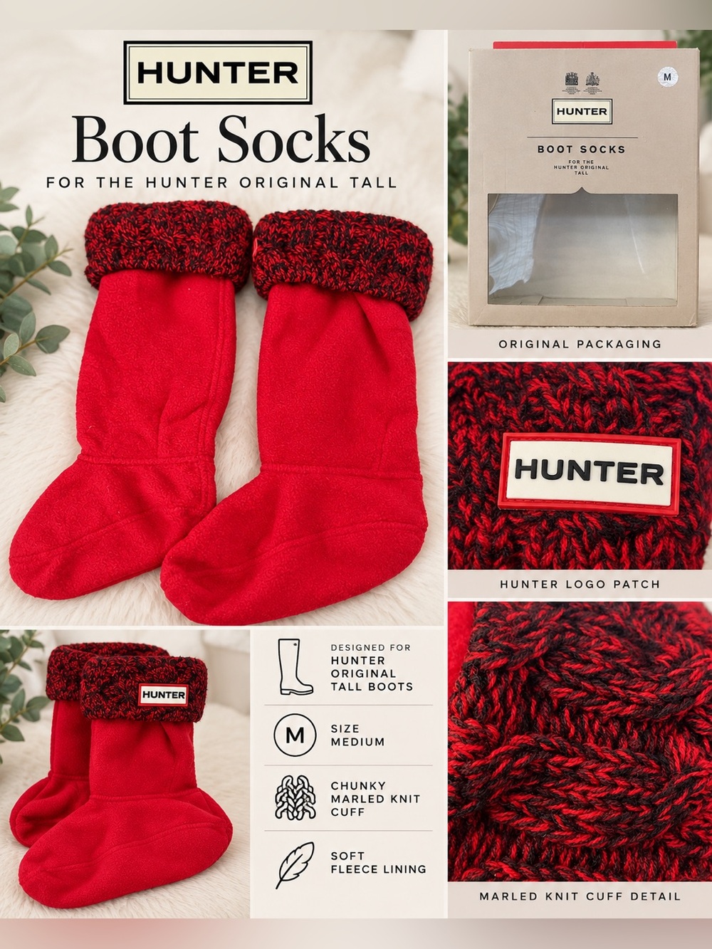 Hunter Red Fleece Tall Boot Socks with Black-Red Marled Cuff
